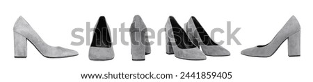 Female shoes set. Heeled suede footwear isolated on white background.