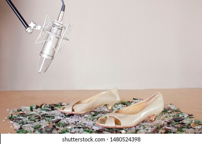 Female Shoes And Studio Microphone Over Broken Glasses Ready For Foley Steps Women Recording. White Background. 