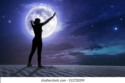 Female Silhouette Outstretched Arms Moonlight Stock Photo 512720299 ...