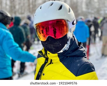 Female Skier Having Good Time At Okemo Mountain Ski Resort With Fresh Snow In Vermont USA