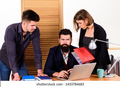 Female Small Minority. Woman Attractive Lady Working With Men Colleagues. Office Collective Concept. Coworkers Communicate Solving Business Tasks. Working Together. Working Process. Business Meeting.