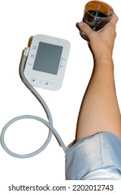 Female Smoker And Drinker, Measuring Blood Pressure And Heart Rate. High Blood Pressure And Heart Rate