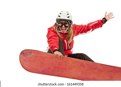 Female Snowboarder Jumping, Isolated On White Background