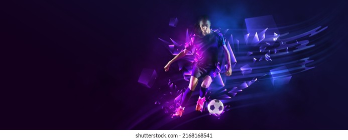 Female soccer. Creative artwork with football player in motion and action with ball isolated on dark background with polygonal and fluid neon elements. Concept of art, creativity, sport, energy and - Powered by Shutterstock