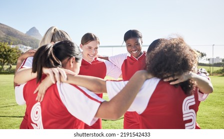 Female soccer, football or team huddle for support, motivation or celebration circle on sports field. Diverse group of fitness, teamwork and happy girls, friends or athletes at training match or - Shutterstock ID 2191542433