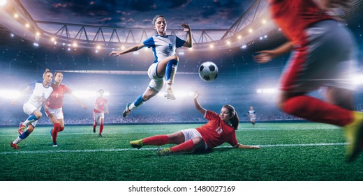 Female soccer player in action on a professional sport stadium