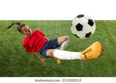 Female soccer player mid-air, executing bicycle kick with precision and power, showcasing athleticism and skill. Concept of women and sport, team games, movement, victory, action. Ad - Powered by Shutterstock