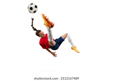 Female soccer player mid-air, executing bicycle kick with precision and power, showcasing athleticism and skill. Concept of women and sport, team games, movement, victory, action. Ad - Powered by Shutterstock