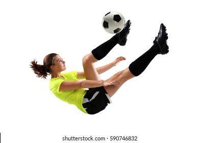 Female Soccer Player Performing Bicycle Kick Isolated Over White Background