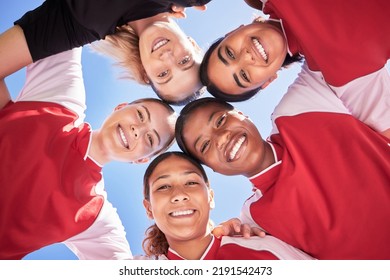 Female Soccer Team Huddle Bonding, Smiling Or Motivated In Circle With Heads In Middle. Below Portrait Of Fit, Active And Diverse Group Of Football Girls, Friends Or Athletes At Sports, Match Or