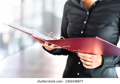 Female Social Worker, Detective Or Business Woman Reading Files In Open Folder. Accountant, Investigator Or Adoption Counselor. Volunteer In Voluntary Work. Successful Person Doing Paperwork.