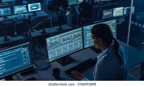 Female Software Engineer Working in a Modern Monitoring Office with Live Analysis Feed with Charts on a Big Digital Screen. Monitoring Room Big Data Scientists and Managers Sit in Front of Computers. - Powered by Shutterstock