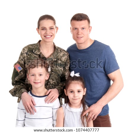 Female soldier with her family on white background. Military service