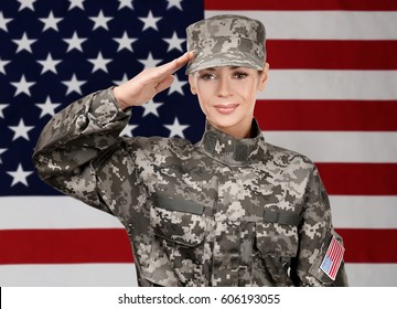 Female Soldier On Usa Flag Background Stock Photo 606193055 