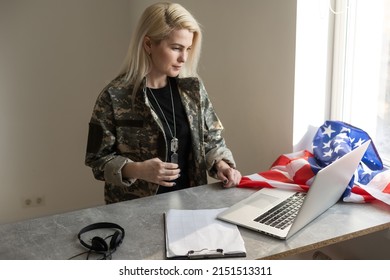 Female Soldier Video Chatting With Family