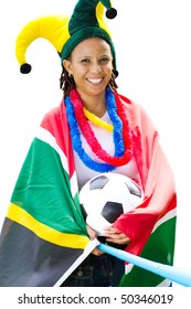 Female South African Soccer Fan, Isolated On White