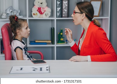 Female Speech Language Therapist Teaching Preschool Kid Sound Pronunciation, Stuttering Cute Child Having Stutter. Voice Ability Problem Speaking Lesson Concept