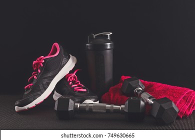 Female Sport Clothing And Equipment Copy Space. Sneakers, Dumbbells, Towel And Water Bottle. Active Lifestyle, Body Care Concept