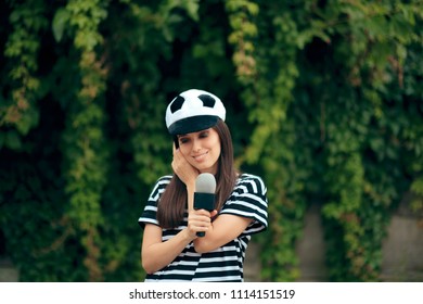 Female Sports Reporter In Outdoor News Broadcasting. Professional Journalist On The Field Reporting As Live Correspondent 
