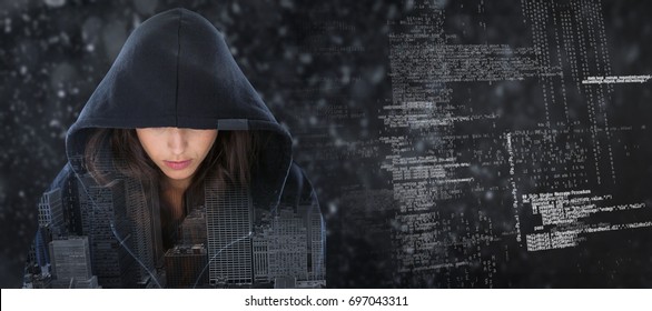 Female Spy In Hoodie Against Composite Image Of Binary Codes