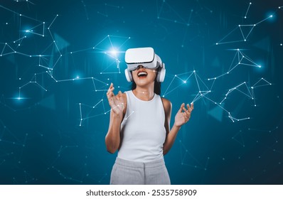 Female stand wear white VR headset and white sleeveless connect metaverse, future technology create cyberspace community. She look around and gesticulate enjoy communicate other users. Hallucination. - Powered by Shutterstock