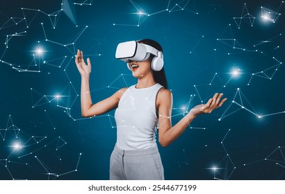 Female standing wear white VR headset and white suit connect metaverse, future technology create cyberspace community. She looking around and gesticulate enjoy communicate other users. Hallucination. - Powered by Shutterstock