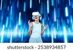 Female standing and wearing white VR headset and white sleeveless connect metaverse, future technology creating cyberspace community. She enjoy look fantasy abstract light around her. Hallucination.