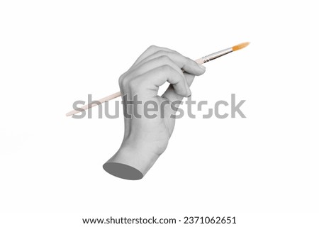 A female statue's hand holding a paintbrush isolated on a white background. Mockup with empty copy space. 3d trendy collage in magazine style. Contemporary art. Modern design