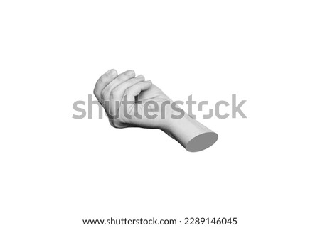 Female statue's hand makes a gesture like holding something like card isolated on a white background. Trendy 3d collage in magazine style. Contemporary art. Modern design. Empty copy space for insert