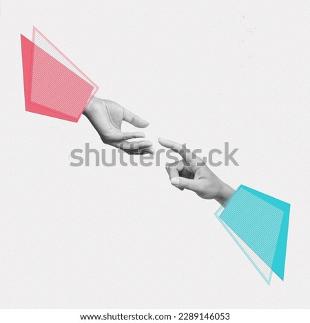 Female statue's hand in sleeve making a gesture like reaching out to outstretched hand on white texture background. Handover. 3d trendy collage in magazine style. Contemporary art. Modern design. Help