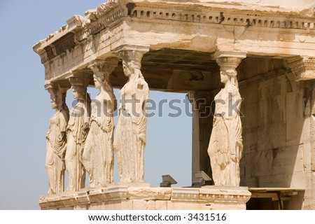 Female statues serve as columns on Porch of the Caryatids in Erechtheum on the Acropolis, Athens,UNESCO World Heritage Site