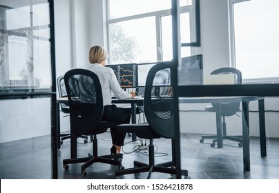 Female Stockbroker In Formal Clothes Works In The Office With Financial Market.