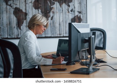 Female Stockbroker In Formal Clothes Works In The Office With Financial Market.