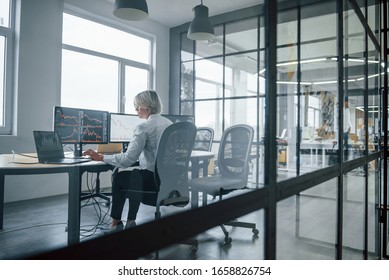 Female Stockbroker In Formal Clothes Works In The Office With Financial Market.