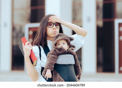 Female Student With Baby In Carrier Forgetting Something. Mom Experiencing Memory Loss Having An Oops Moment Tired And Afraid Of Failing
