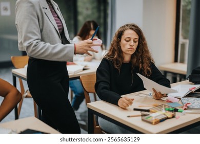 Female student focused on classroom assignments while teacher interacts. The setting is a modern classroom environment with educational materials on desks. - Powered by Shutterstock