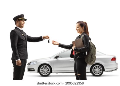 Female Student Giving Car Keys To A Chauffeur Isolated On White Background