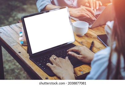 Female Student And Her Friend Studying Online With A Teacher Via Videoconferencing, Feeling Happy And Smile, Study Online At Home.