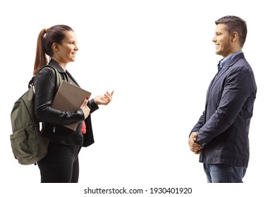 Female Student Holding A Book And Talking To A Man Isolated On White Background