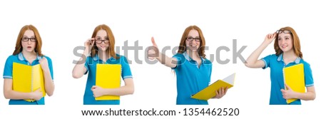 Female student with notes isolated on white 