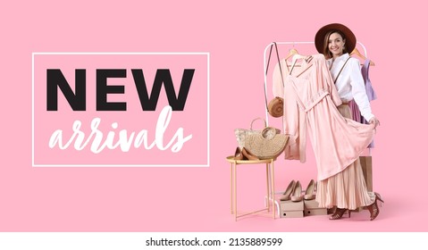 Female stylist near rack with modern clothes and text NEW ARRIVALS on pink background