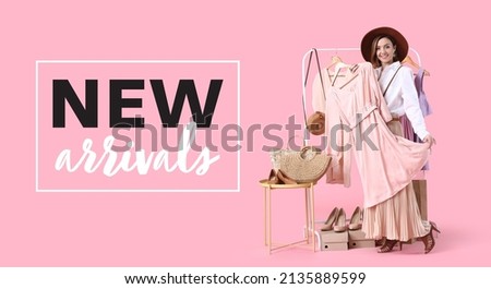 Female stylist near rack with modern clothes and text NEW ARRIVALS on pink background