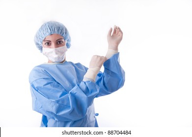 Female Surgeon Nurse Wearing Sterile Blue Stock Photo 88704484 ...