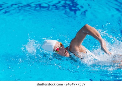 Female swimmer performing front crawl in outdoor pool. Active woman, swimming technique, fitness, water sport, healthy lifestyle - Powered by Shutterstock