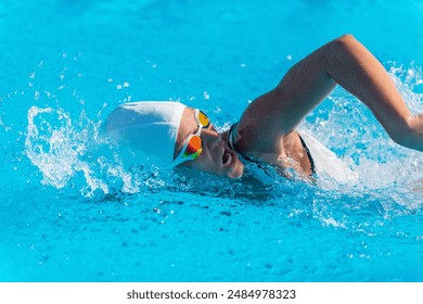 Female swimmer in white swim cap and goggles performing freestyle stroke in an outdoor pool - Powered by Shutterstock