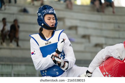 Female Taekwondo Fighter Close Up During Match. World Taekwondo Championship, Rome, Italy, June 4 2022