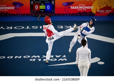 Female Taekwondo Fighter Kick During Match. World Taekwondo Championship, Rome, Italy, June 4 2022