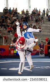 Female Taekwondo Fighter Kick During Match. World Taekwondo Championship, Rome, Italy, June 4 2022