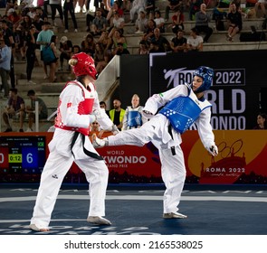 Female Taekwondo Fighter Kick During Match. World Taekwondo Championship, Rome, Italy, June 4 2022