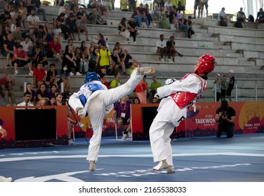 Female Taekwondo Fighter Kick During Match. World Taekwondo Championship, Rome, Italy, June 4 2022